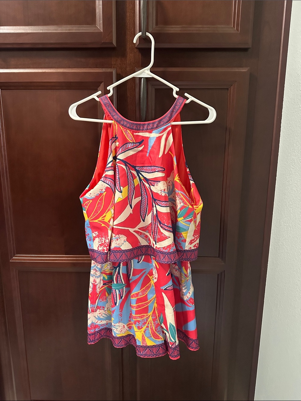 Flying Tomato Coral Tropical Halter Dress with Blue and Yellow Accents